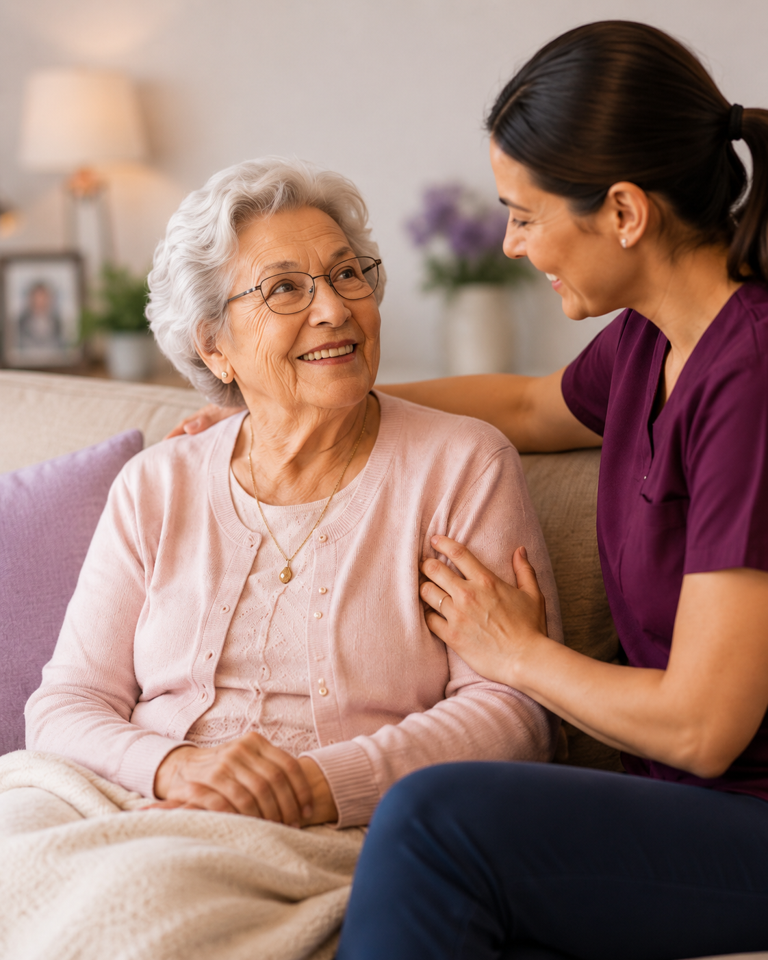 Elderly woman with caregiver at home